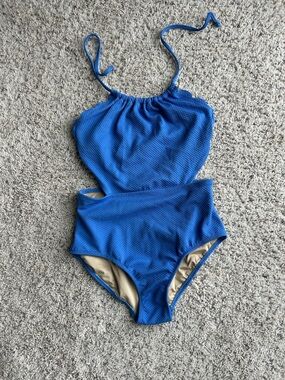 Kids Blue Textured One-Piece Swimsuit, scalloped edges, cutout sides, size XL